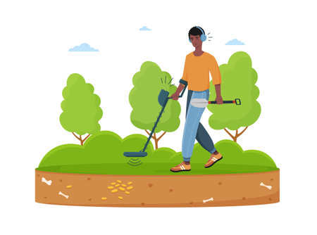 Male treasure hunter with metal detector is looking for precious stonesのイラスト素材