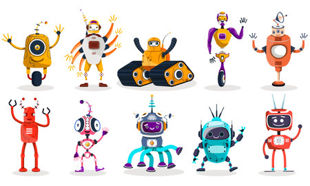 Set of happy funny cartoon waving childish robotsのイラスト素材