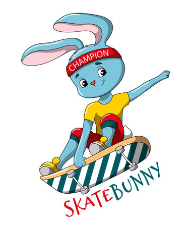 Cute little skater rabbit doing a skateboard jumpのイラスト素材