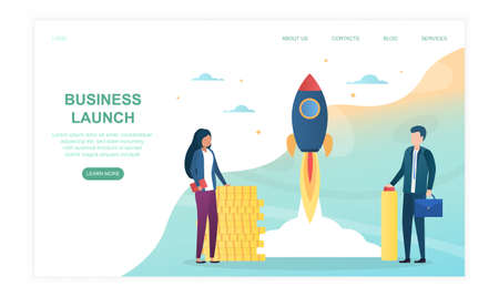 Two business people launches rocket into the skyのイラスト素材