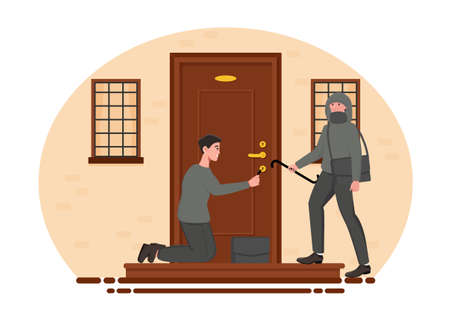 Two male burglars breaking into house with master keyのイラスト素材