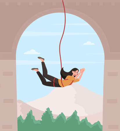Happy female character is bungee jumping from a bridgeのイラスト素材