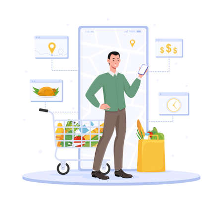 Male character is using online supermarket on his phoneのイラスト素材