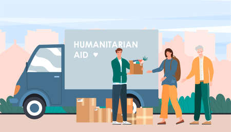 Male volunteer gives box of humanitarian aid to a womanのイラスト素材