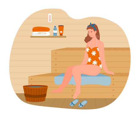 Young female character is relaxing in hot sauna bath.のイラスト素材
