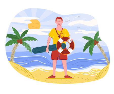 Male lifeguard is standing on the beach with a life vestのイラスト素材