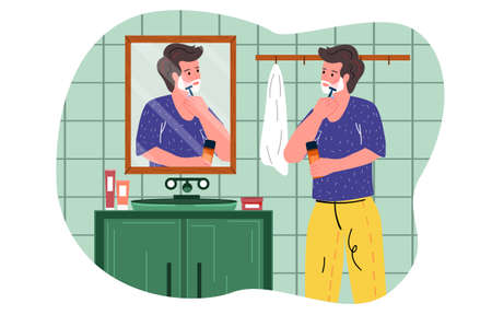 Male character is standing against mirror and shaving beardのイラスト素材