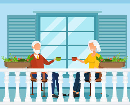 Grey elderly couple is drinking coffee on balconyのイラスト素材
