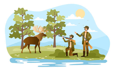 Two male hunters are hunting elk in forestのイラスト素材