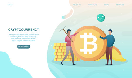 Two male characters are standing near huge bitcoinのイラスト素材