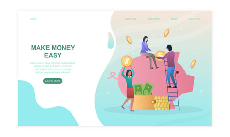 Male and female characters are collecting coins from piggy bankのイラスト素材