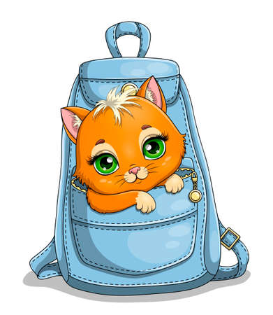 Cute little kitten in the pocket of a blue bagのイラスト素材