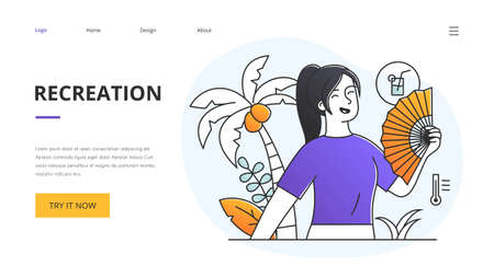 Recreation concept with young woman relaxing with a fanのイラスト素材