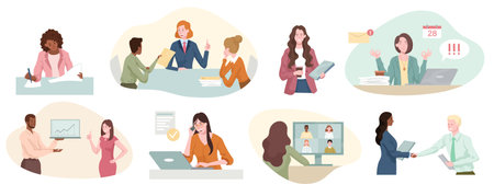Eight different scenes showing a successful businesswoman at workのイラスト素材