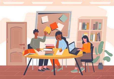 Group of students studying together at a table in collegeのイラスト素材