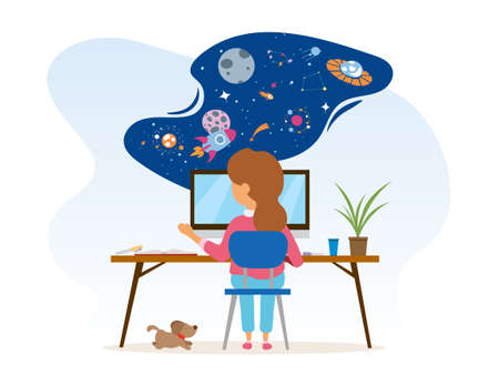 Little girl is sitting at desk with computer and using her imaginationのイラスト素材