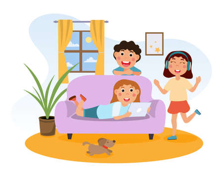 Happy cute kids are meeting friends in roomのイラスト素材
