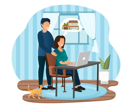 Young male and female characters sitting at home choosing a suitable house mortgage option on laptop.のイラスト素材