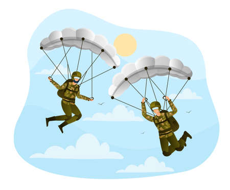 Two male paratroopers in a military uniform are flying with a parachuteのイラスト素材