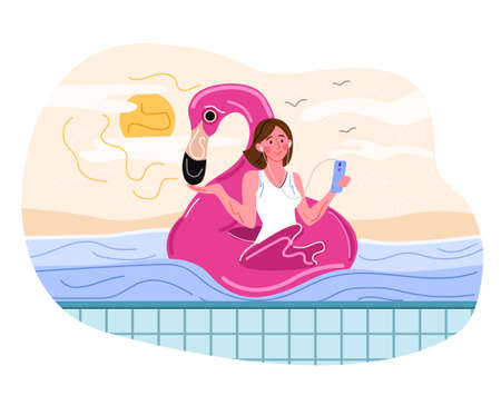 Young female character is relaxing in the poolのイラスト素材