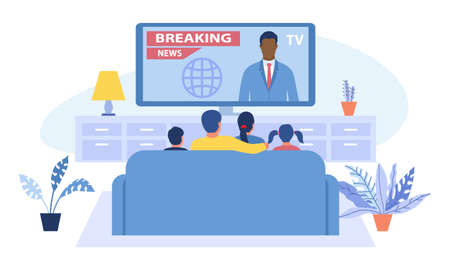 Family sitting watching Breaking News on a television screenのイラスト素材