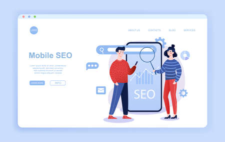 Male and female characters are working on mobile SEOのイラスト素材