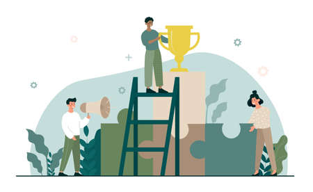Member of business team holding golden trophy