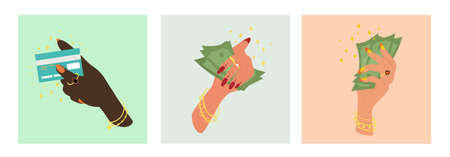 Set of three female hands clasping money or bank cardのイラスト素材