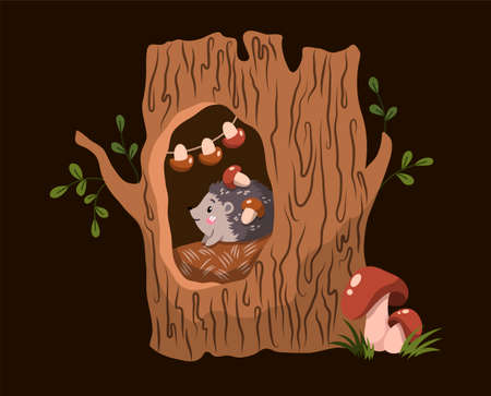 Forest creatures concept with cute little hedgehog in a treeのイラスト素材