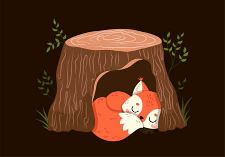 Cute little red fox sleeping in a hollow tree trunkのイラスト素材