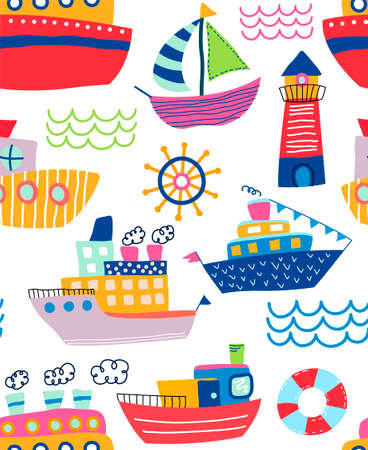 Colorful seamless pattern of assorted ships and lighthouseのイラスト素材