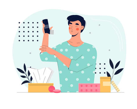 Man with pollen allergy or asthma using an inhalerのイラスト素材