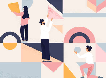 Team of three people arranging geometric shapes into an abstract designのイラスト素材
