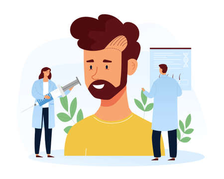 Man with hair loss and receding hairline receiving treatment at a clinicのイラスト素材
