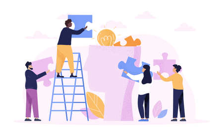 Teamwork concept with group of diverse people loading puzzle piecesのイラスト素材