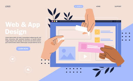 Web design concept with hands placing elements onto a digital device screenのイラスト素材