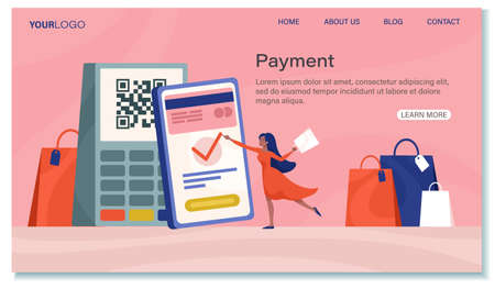 Online Payment concept with woman shopper with purchasesのイラスト素材