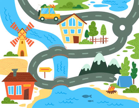 Brightly colored map for kids showing a family camping tripのイラスト素材