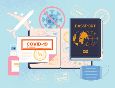 Covid-19 Passport for travel concept with vaccine and certificateのイラスト素材