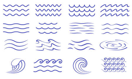 Large set of water icons showing waves and surfのイラスト素材