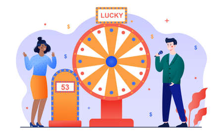 Female character is standing at tribune with scoreboard and spinning wheel of fortuneのイラスト素材