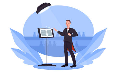 Conductor is standing on the stage under spotlightのイラスト素材