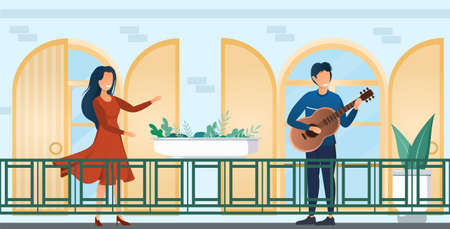 People dancing and playing instrument on balcony.のイラスト素材