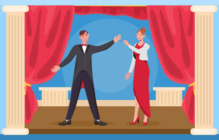 Opera theater scene with red curtain with 2 tenorsのイラスト素材