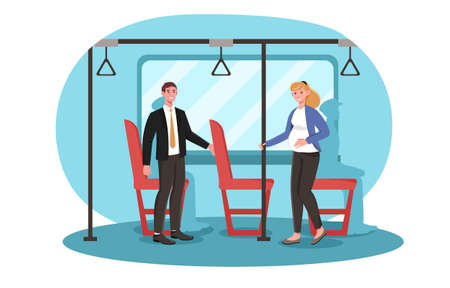Smiling male character gives a place in transport for pregnant woman to sitのイラスト素材