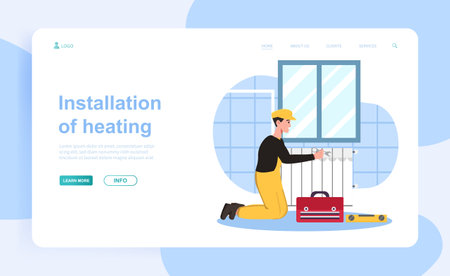 Cheerful male plumber is installing new heating systemのイラスト素材