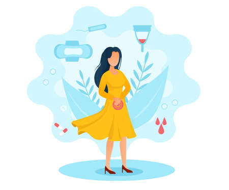 Female character in yellow dress is suffering from menstruation painsのイラスト素材