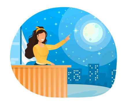 Cute female character looking at stars and smilingのイラスト素材