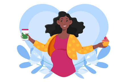 Smiling pregnant woman is craving cupcake and picklesのイラスト素材