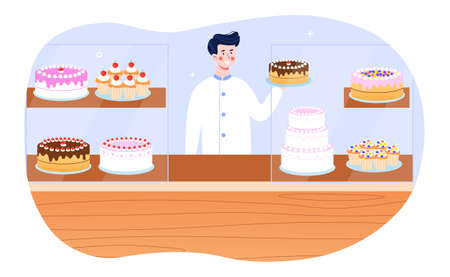 Shop assistant working and selling fresh cakes.のイラスト素材